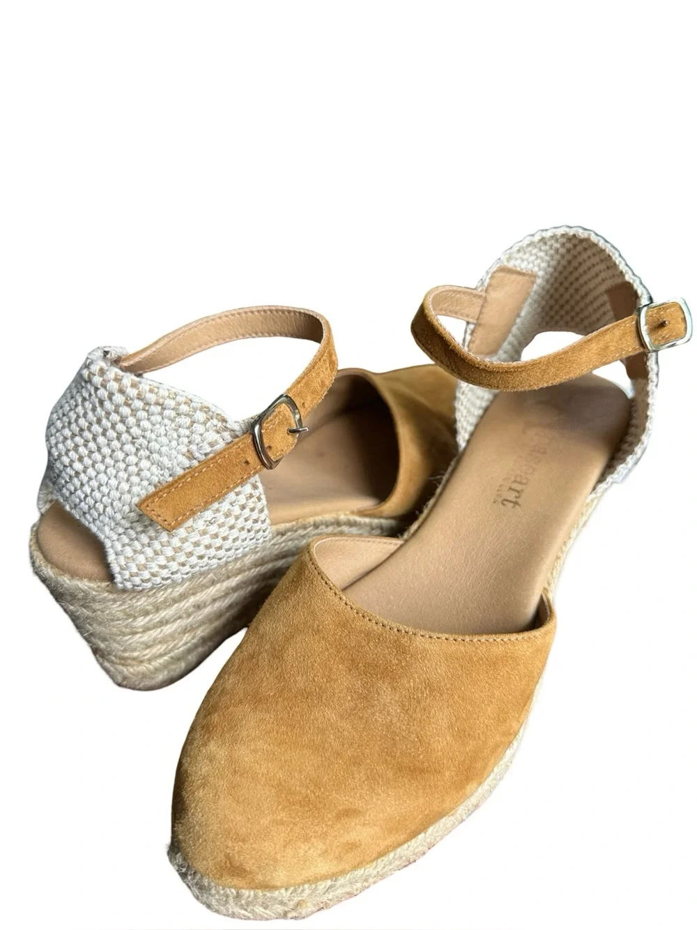 PASEART Mustard Suede Closed Toe Espadrille Wedges Woven 39/8.5 US